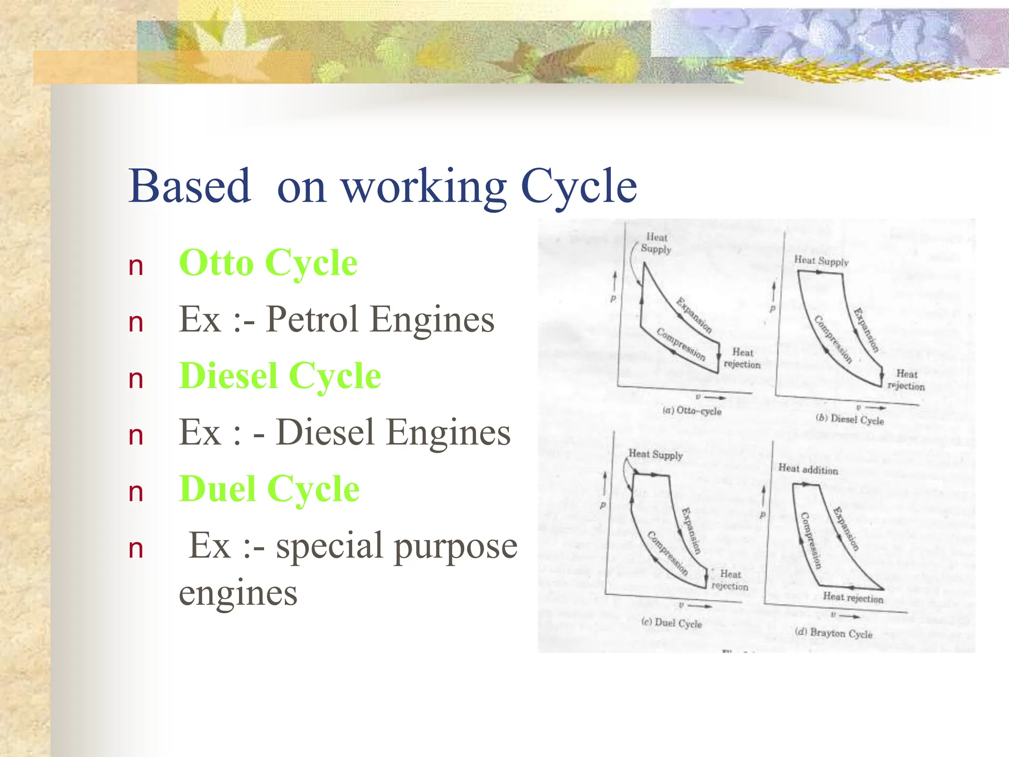 Based on working Cycle
n Otto Cycle
n Ex :- Petrol Engines
n Diesel Cycle
n Ex : - Diesel Engines
n Duel Cycle
n Ex :- special purpose
engines
 