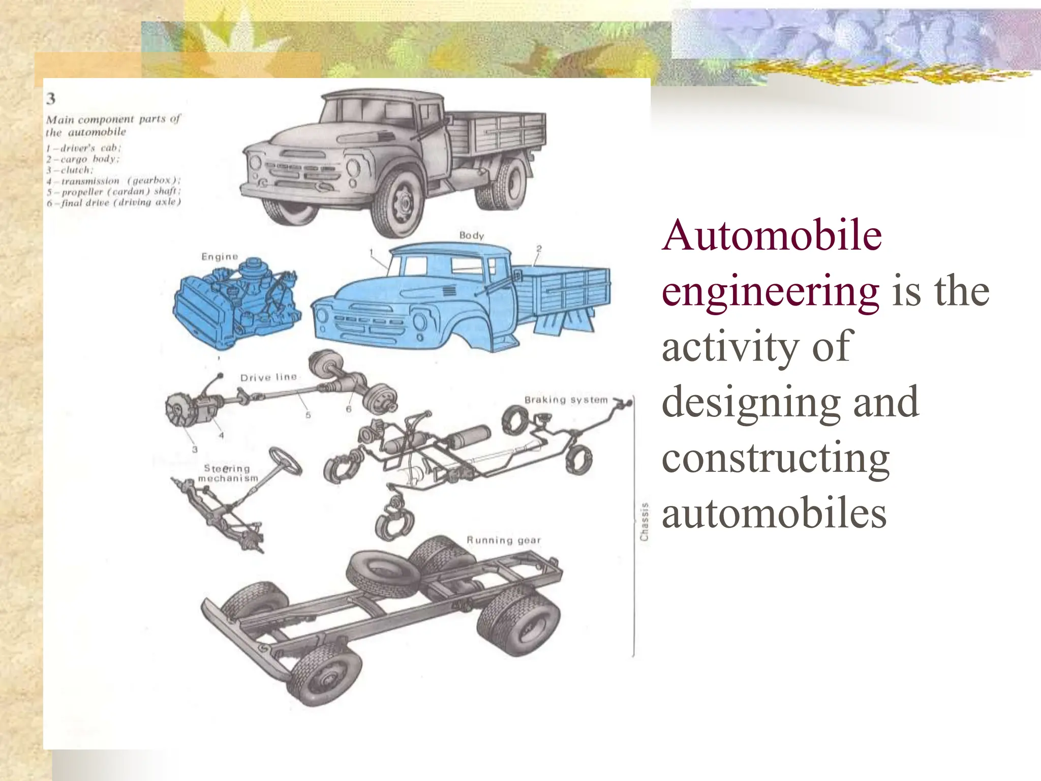 Automobile
engineering is the
activity of
designing and
constructing
automobiles
 