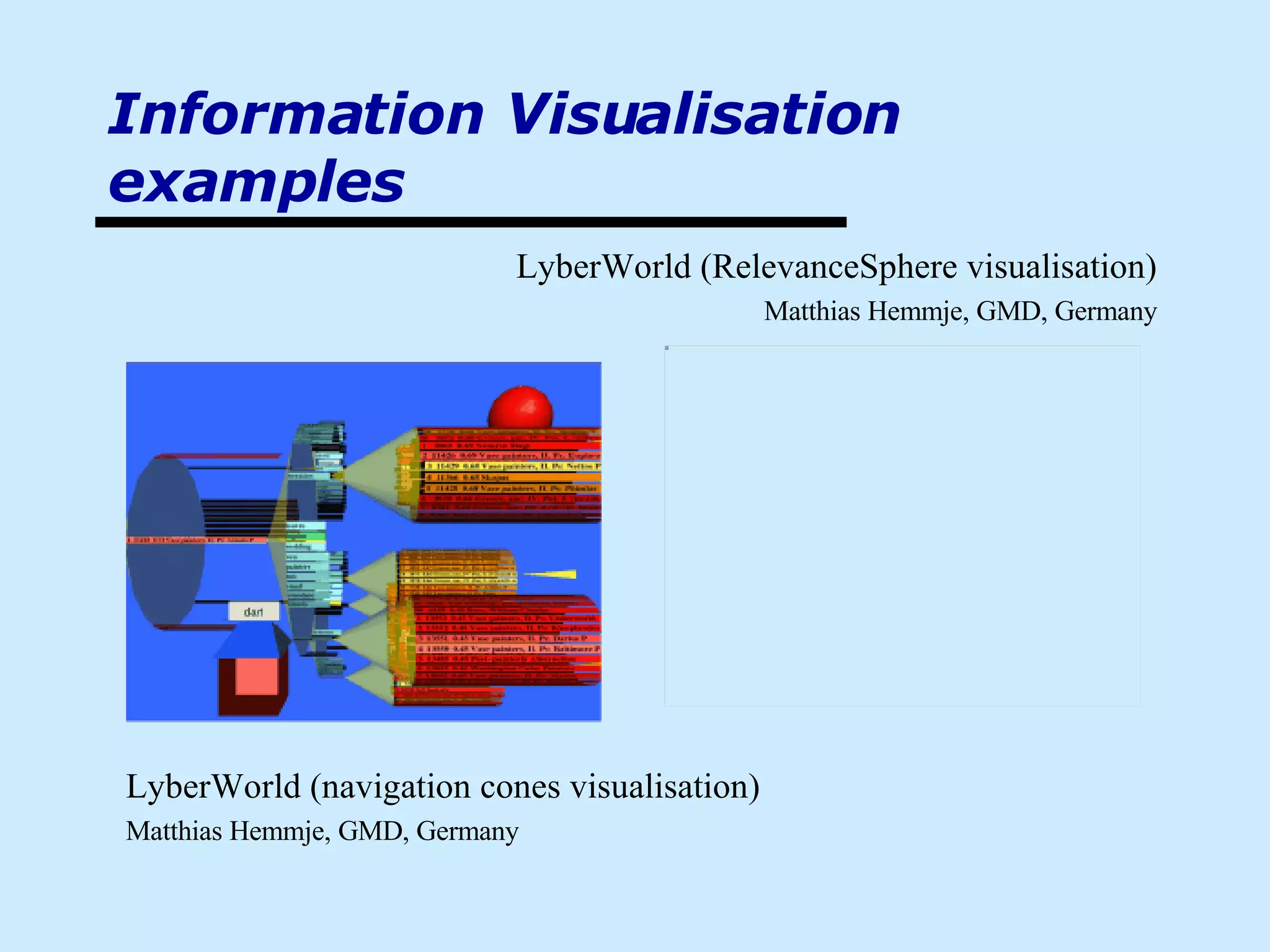Information Visualisation examples LyberWorld (navigation cones visualisation) Matthias Hemmje, GMD, Germany LyberWorld (RelevanceSphere visualisation) Matthias Hemmje, GMD, Germany 