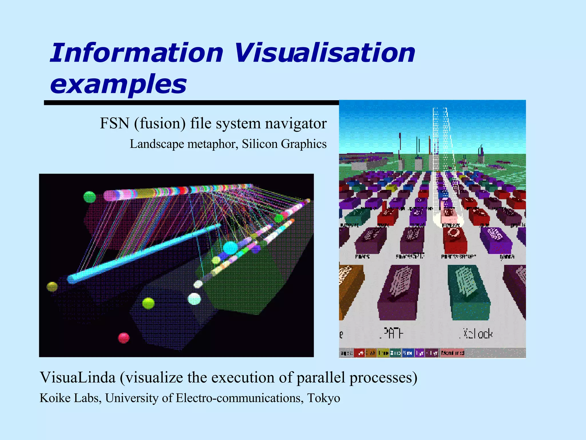 Information Visualisation examples VisuaLinda (visualize the execution of parallel processes) Koike Labs, University of Electro-communications, Tokyo FSN (fusion) file system navigator Landscape metaphor, Silicon Graphics 