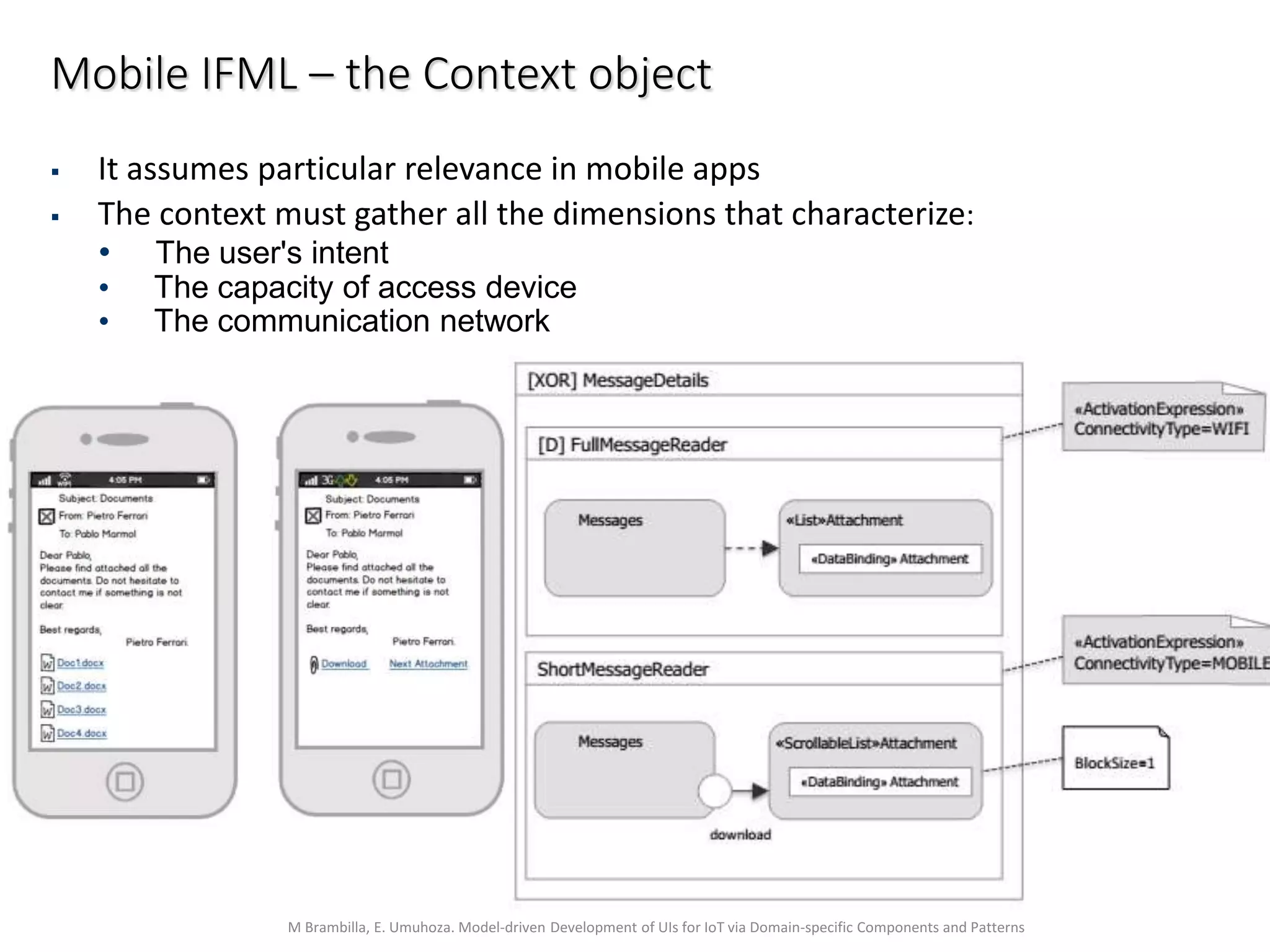 M Brambilla, E. Umuhoza. Model-driven Development of UIs for IoT via Domain-specific Components and Patterns
Mobile IFML – the Context object
 It assumes particular relevance in mobile apps
 The context must gather all the dimensions that characterize:
• The user's intent
• The capacity of access device
• The communication network
 
