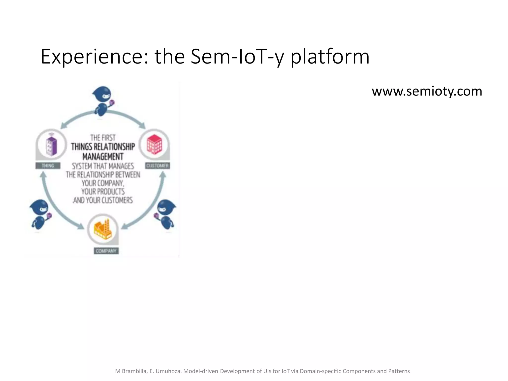 M Brambilla, E. Umuhoza. Model-driven Development of UIs for IoT via Domain-specific Components and Patterns
Experience: the Sem-IoT-y platform
www.semioty.com
 