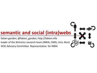 semantic and social (intra)webs
fabien gandon, @fabien_gandon, http://fabien.info
leader of the Wimmics research team (INRIA, CNRS, Univ. Nice)
W3C Advisory Committee Representative for INRIA
 