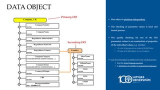 • Data object is platform-independent.
• The checking of parameter values is local and
formal process.
• The quality checking for one of the DO
parameters values is an examination of properties
of the individual values, e.g. whether:
• (1) a text string may serve as a value of the field Name,
• (2) value of the field Address is a correct address.
• Can be formulated at different levels of abstraction:
• from the formal language grammar
• to definitions of variables in programming languages.
DATA OBJECT
Secondary DO
Primary DO
 