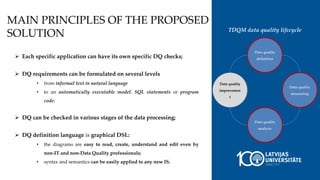 TDQM data quality lifecycle
Data quality
definition
Data quality
measuring
Data quality
analysis
Data quality
improvemen
t
MAIN PRINCIPLES OF THE PROPOSED
SOLUTION
 Each specific application can have its own specific DQ checks;
 DQ requirements can be formulated on several levels
• from informal text in natural language
• to an automatically executable model, SQL statements or program
code;
 DQ can be checked in various stages of the data processing;
 DQ definition language is graphical DSL:
• the diagrams are easy to read, create, understand and edit even by
non-IT and non-Data Quality professionals;
• syntax and semantics can be easily applied to any new IS.
 