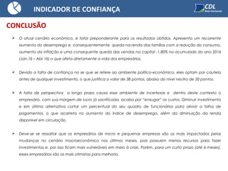  O atual cenário econômico, é fator preponderante para os resultados obtidos. Apresenta um recorrente
aumento do desemprego e, consequentemente, queda na renda das famílias com a redução do consumo,
aumento da inflação e uma consequente queda das vendas na capital -1,80% no acumulado do ano 2016
(Jan.16 – Abr.16) o que afeta diretamente a vida dos empresários.
 Devido a falta de confiança no se que se refere ao ambiente político-econômico, eles optam por cautela
antes de qualquer investimento, o que justifica o valor de 38 pontos, abaixo do nível neutro de 50 pontos.
 A falta de perspectiva a longo prazo causa esse ambiente de incertezas e dentro deste contexto o
empresário, com sua margem de lucro já sacrificada, acaba por “enxugar” os custos. Diminuir investimento
e em última alternativa cortar um percentual do seu quadro de funcionários para aliviar a folha de
pagamentos, o que acarreta no aumento do índice de desemprego, além da diminuição da renda
disponível em circulação.
 Deve-se se ressaltar que os empresários de micro e pequenas empresas são os mais impactados pelas
mudanças no cenário macroeconômico nos últimos meses, pois possuem menos recursos para fazer
investimentos e, por isso ficam mais vulneráveis em meio à crise. Porém, para um curto prazo (até 6 meses),
esses empresários são os mais otimistas para melhoria.
INDICADOR DE CONFIANÇA
CONCLUSÃO
 