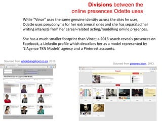 While “Vince” uses the same genuine identity across the sites he uses,
Odette uses pseudonyms for her extramural ones and she has separated her
writing interests from her career-related acting/modelling online presences.
She has a much smaller footprint than Vince; a 2013 search reveals presences on
Facebook, a LinkedIn profile which describes her as a model represented by
‘L'Agence TKN Models’ agency and a Pinterest accounts.
Divisions between the
online presences Odette uses
Sourced from wholebangshoot.co.za, 2013.
Sourced from pinterest.com, 2013.
2013/06/28 35
 