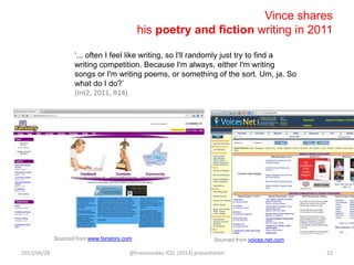 Vince shares
his poetry and fiction writing in 2011
„... often I feel like writing, so I'll randomly just try to find a
wr...