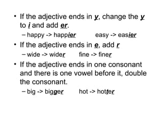 If the adjective ends in y , change the y to i and add er . happy -> happ ier easy -> eas ier If the adjective ends in e , add r wide -> wide r fine -> fine r If the adjective ends in one consonant and there is one vowel before it, double the consonant. big -> big g e r hot -> hot t e r