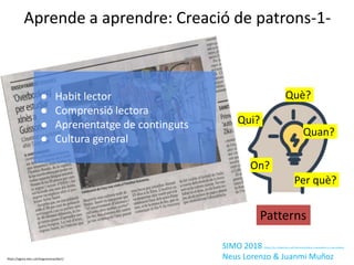 Aprende a aprendre: Creació de patrons-1-
Què?
Qui?
Quan?
On?
Per què?
● Habit lector
● Comprensió lectora
● Aprenentatge de continguts
● Cultura general
SIMO 2018 https://es.slideshare.net/nlorenzo/datos-metadatos-y-macrodatos
Neus Lorenzo & Juanmi Muñoz
Patterns
https://agora.xtec.cat/iesguissona/diari/
 