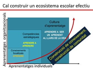 Cultura
d’aprenentatge
APRENDRE A SER
UN APRENENT
AL LLARG DE LA VIDA
Competències
estratègiques
APRENDRE A
APRENDRE
Cal construir un ecosistema escolar efectiu
Coneixements
focalitzats
APRENDRE
Aprenentatges individuals
Aprenentatgesorganitzacionals
 