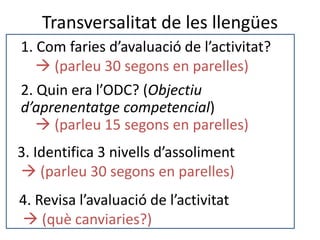 1. Com faries d’avaluació de l’activitat?
 (parleu 30 segons en parelles)
3. Identifica 3 nivells d’assoliment
 (parleu 30 segons en parelles)
4. Revisa l’avaluació de l’activitat
 (què canviaries?)
2. Quin era l’ODC? (Objectiu
d’aprenentatge competencial)
 (parleu 15 segons en parelles)
Transversalitat de les llengües
 