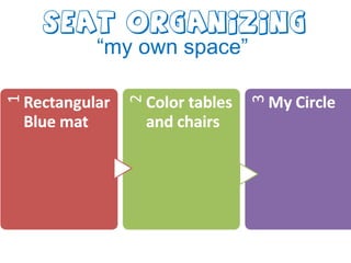 Seat organizing
“my own space”
 