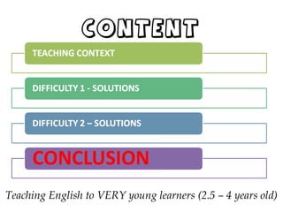 CONTENT
Teaching English to VERY young learners (2.5 – 4 years old)
 