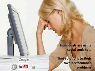 Individuals	
  are	
  using	
  
social	
  tools	
  to	
  ..	
  
	
  
ﬁnd	
  soluBons	
  to	
  their	
  
own	
  performance...