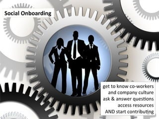Social	
  Onboarding	
  
get	
  to	
  know	
  co-­‐workers	
  
and	
  company	
  culture	
  
ask	
  &	
  answer	
  ques>on...