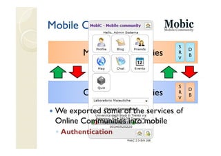 Mobile Community
                                  S
                                       D
        Mobile Communities        R
                                  V
                                       B




                                  S
                                       D
        Online Communities        R
                                  V
                                       B


 We exported some of the services of
 Online Communities into mobile
 ◦ Authentication
 