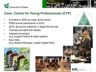 14
Case: Centre for Young Professionals (CYP)
• Founded in 2003 by major Swiss banks
• 6'800 course participants in 2016
• 2012: all course materials in digital format only
• Trainees provided with tablets
• Adapted processes
(e.g. support hotline & ticket system)
• New roles
(e.g. Module Manager, Leader Digital field)
 