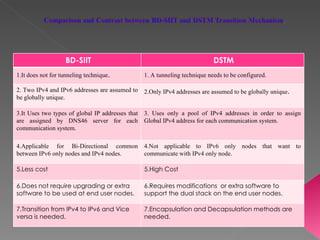 BD-SIIT DSTM 1.It does not for tunneling technique . 1. A tunneling technique needs to be configured.   2. Two IPv4 and IPv6 addresses are assumed to be globally unique. 2.Only IPv4 addresses are assumed to be globally unique . 3.It Uses two types of global IP addresses that are assigned by DNS46 server for each communication system. 3. Uses only a pool of IPv4 addresses in order to assign Global IPv4 address for each communication system. 4.Applicable for Bi-Directional common between IPv6 only nodes and IPv4 nodes. 4.Not applicable to IPv6 only nodes that want to communicate with IPv4 only node. 5.Less cost 5.High Cost 6.Does not require upgrading or extra software to be used at end user nodes. 6.Requires modifications  or extra software to support the dual stack on the end user nodes.  7.Transition from IPv4 to IPv6 and Vice versa is needed. 7.Encapsulation and Decapsulation methods are needed. 