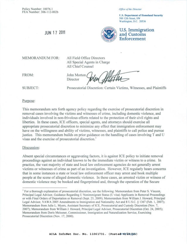 ice memo on immigration prosecutorial discretion regarding certain vi memo doc