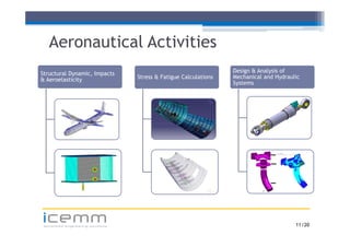 Aeronautical Activities
Structural Dynamic, Impacts                                       Design & Analysis of
& Aeroelasticity                  Stress & Fatigue Calculations   Mechanical and Hydraulic
                                                                  Systems




icemm
 advanced engineering solutions                                                         11 /20
 