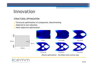 Innovation
         STRUCTURAL OPTIMIZATION
          Structural optimization of components. Benchmarking
          Material & cost reduction
          Multi-objective optimization




                                             V/V0=1                  V/V0=0.85                V/V0=0.64
100 mm
 00                       10 N
                                    50 mm


                 160 mm


                                            V/V0=0.53                V/V0=0.51                V/V0=0.42

                                              Volume optimization - Von Mises stress contour plot


   icemm
   advanced engineering solutions                                                                    18 /20
 
