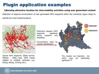 Plugin application examples
1)Sensing attractive location for slow-mobility activities using user generated content
Detection of atypical concentration of user generated GPS waypoints within the Lombardy region (Italy) to
identify the most visited locations
Distinction between GPS
waypoints registered
during weekend and
weekdays
Concentration maps for
clusters identification
The clusters are depicted… but
which ones are statistically
significant ??
Sparse GPS waypoints. (Data source:
Wikiloc - Data type: GPX tracks
related to outdoor activities e.g.
hiking, biking, running, etc.)
 
