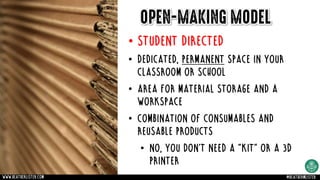 • student directed
• Dedicated, permanent space in your
classroom or school
• Area for material storage and a
workspace
• Combination of consumables and
reusable products
• No, you don’t need a “kit” or a 3d
printer
OPEN-MAKING MODEL
www.heatherlister.com @heathermlister
 