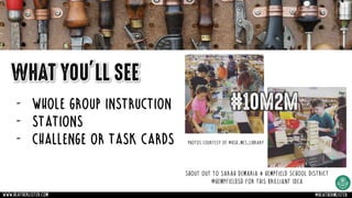 WHAT YOU’LL SEE
- WHOLE GROUP INSTRUCTION
- STATIONS
- Challenge or task cards
www.heatherlister.com @heathermlister
Shout out to Sarah Demaria & hempfield school district
@hempfieldsd for this brilliant idea
#10M2M
Photos courtesy of @hsd_mes_library
 