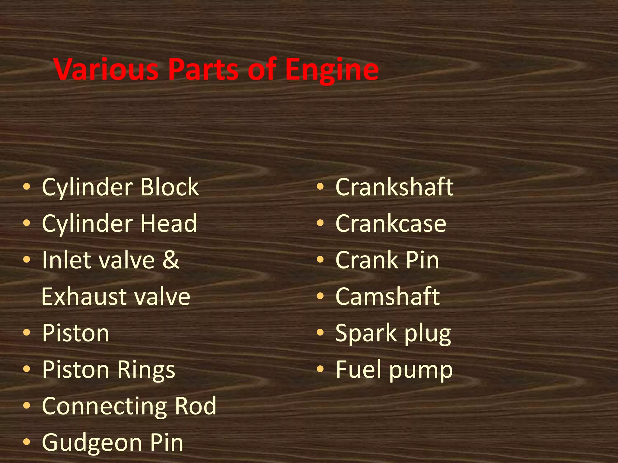 Various Parts of Engine
• Crankshaft
• Crankcase
• Crank Pin
• Camshaft
• Spark plug
• Fuel pump
• Cylinder Block
• Cylinder Head
• Inlet valve &
Exhaust valve
• Piston
• Piston Rings
• Connecting Rod
• Gudgeon Pin
 