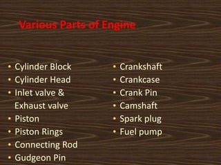 Various Parts of Engine
• Crankshaft
• Crankcase
• Crank Pin
• Camshaft
• Spark plug
• Fuel pump
• Cylinder Block
• Cylinder Head
• Inlet valve &
Exhaust valve
• Piston
• Piston Rings
• Connecting Rod
• Gudgeon Pin
 