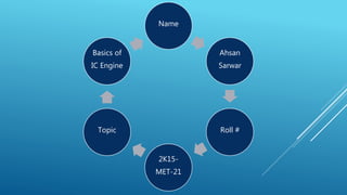 Name
Ahsan
Sarwar
Roll #
2K15-
MET-21
Topic
Basics of
IC Engine
 