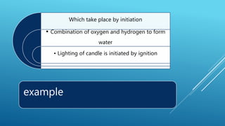 example
Which take place by initiation
• Combination of oxygen and hydrogen to form
water
• Lighting of candle is initiated by ignition
 