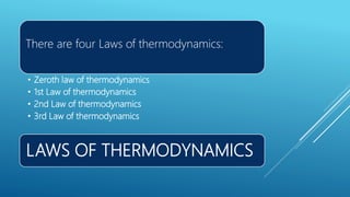 LAWS OF THERMODYNAMICS
There are four Laws of thermodynamics:
• Zeroth law of thermodynamics
• 1st Law of thermodynamics
• 2nd Law of thermodynamics
• 3rd Law of thermodynamics
 