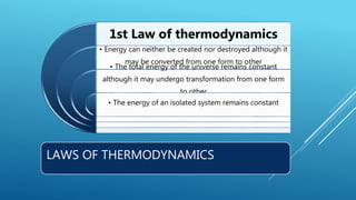 LAWS OF THERMODYNAMICS
1st Law of thermodynamics
• Energy can neither be created nor destroyed although it
may be converted from one form to other
• The total energy of the universe remains constant
although it may undergo transformation from one form
to other
• The energy of an isolated system remains constant
 