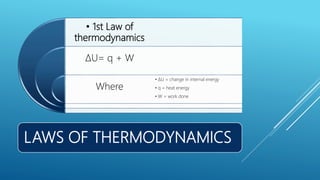 LAWS OF THERMODYNAMICS
• 1st Law of
thermodynamics
ΔU= q + W
Where
• ΔU = change in internal energy
• q = heat energy
• W = work done
 