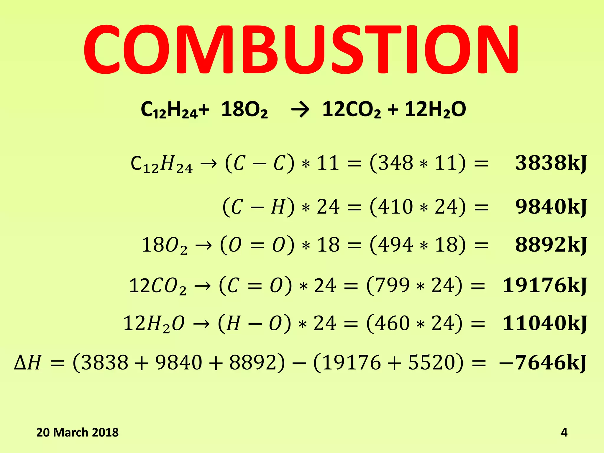 COMBUSTION
C₁₂H₂₄+ 18O₂ → 12CO₂ + 12H₂O
C₁₂𝐻₂₄ → 𝐶 − 𝐶 ∗ 11 = 348 ∗ 11 = 𝟑𝟖𝟑𝟖𝐤𝐉
𝐶 − 𝐻 ∗ 24 = 410 ∗ 24 = 𝟗𝟖𝟒𝟎𝐤𝐉
18𝑂₂ → 𝑂 = 𝑂 ∗ 18 = 494 ∗ 18 = 𝟖𝟖𝟗𝟐𝐤𝐉
12𝐶𝑂₂ → 𝐶 = 𝑂 ∗ 24 = 799 ∗ 24 = 𝟏𝟗𝟏𝟕𝟔𝐤𝐉
12𝐻₂𝑂 → 𝐻 − 𝑂 ∗ 24 = 460 ∗ 24 = 𝟏𝟏𝟎𝟒𝟎𝐤𝐉
∆𝐻 = 3838 + 9840 + 8892 − 19176 + 5520 = −𝟕𝟔𝟒𝟔𝐤𝐉
20 March 2018 4
 