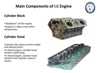 Main Components of I.C Engine
Cylinder Block
•“Backbone” of the engine.
•Supports / aligns most other
components.
Cylinder Head
•Contains the valves and the intake
and exhaust ports.
•In Petrol engine, cylinder head
contains spark-plug.
•In Diesel engine, cylinder head
contains fuel injection valve or
nozzle.
 