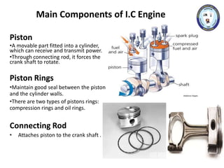 Main Components of I.C Engine
Piston
•A movable part fitted into a cylinder,
which can receive and transmit power.
•Through connecting rod, it forces the
crank shaft to rotate.
Piston Rings
•Maintain good seal between the piston
and the cylinder walls.
•There are two types of pistons rings:
compression rings and oil rings.
Connecting Rod
• Attaches piston to the crank shaft .
 