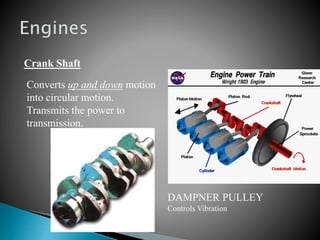 Crank Shaft
Converts up and down motion
into circular motion.
Transmits the power to
transmission.
DAMPNER PULLEY
Controls Vibration
 