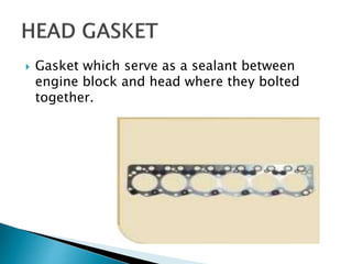  Gasket which serve as a sealant between
engine block and head where they bolted
together.
 