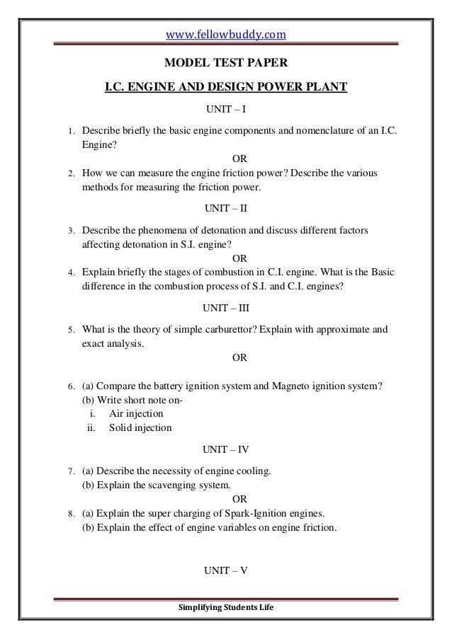IC Engine and Design Power Plant Model Test Paper