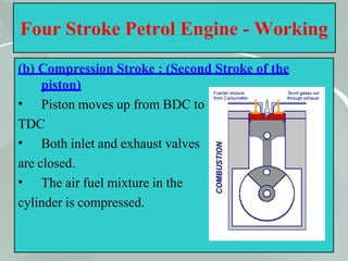 31
Four Stroke Petrol Engine - Working
(b) Compression Stroke : (Second Stroke of the
piston)
• Piston moves up from BDC to
TDC
• Both inlet and exhaust valves
are closed.
• The air fuel mixture in the
cylinder is compressed.
 