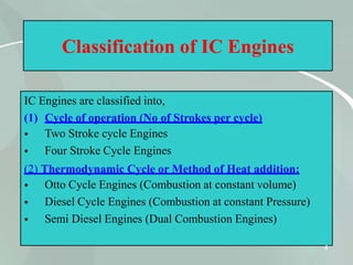 Classification of IC Engines
IC Engines are classified into,
(1) Cycle of operation (No of Strokes per cycle)
4
•
•
Two Stroke cycle Engines
Four Stroke Cycle Engines
(2) Thermodynamic Cycle or Method of Heat addition:
•
•
•
Otto Cycle Engines (Combustion at constant volume)
Diesel Cycle Engines (Combustion at constant Pressure)
Semi Diesel Engines (Dual Combustion Engines)
 