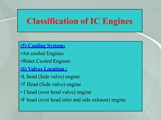 Classification of IC Engines
(5) Cooling System:
•Air cooled Engines
•Water Cooled Engines
(6) Valves Location :
•L head (Side valve) engine
•T Head (Side valve) engine
• I head (over head valve) engine
•F head (over head inlet and side exhaust) engine
6
 