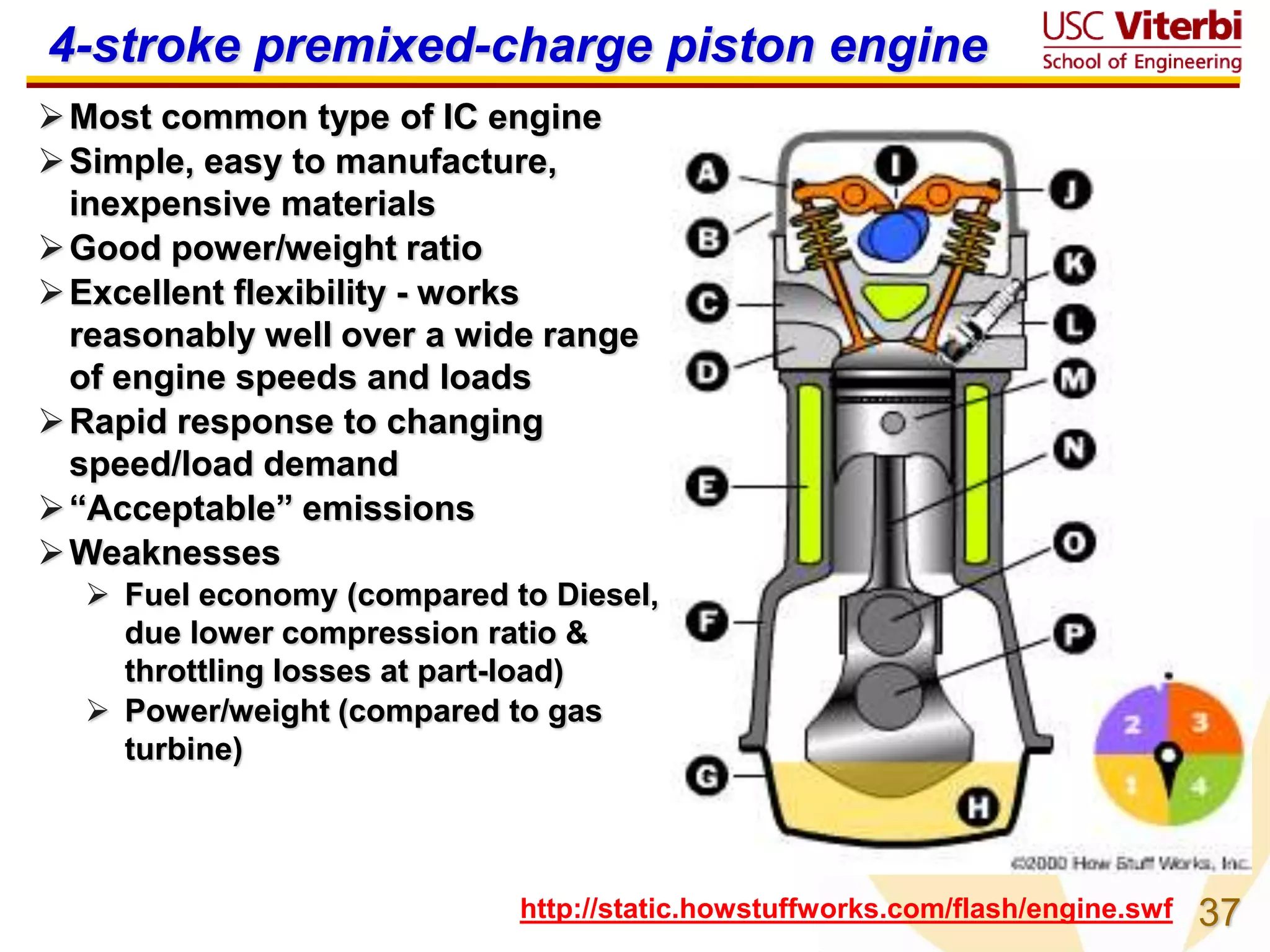 37
http://static.howstuffworks.com/flash/engine.swf
4-stroke premixed-charge piston engine
Most common type of IC engine
Simple, easy to manufacture,
inexpensive materials
Good power/weight ratio
Excellent flexibility - works
reasonably well over a wide range
of engine speeds and loads
Rapid response to changing
speed/load demand
“Acceptable” emissions
Weaknesses
 Fuel economy (compared to Diesel,
due lower compression ratio &
throttling losses at part-load)
 Power/weight (compared to gas
turbine)
 