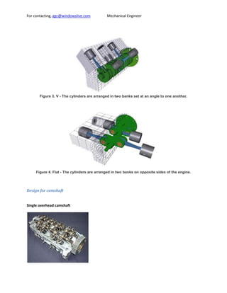 For contacting, ggc@windowslive.com          Mechanical Engineer




       Figure 3. V - The cylinders are arranged in two banks set at an angle to one another.




     Figure 4. Flat - The cylinders are arranged in two banks on opposite sides of the engine.




Design for camshaft


Single overhead camshaft
 