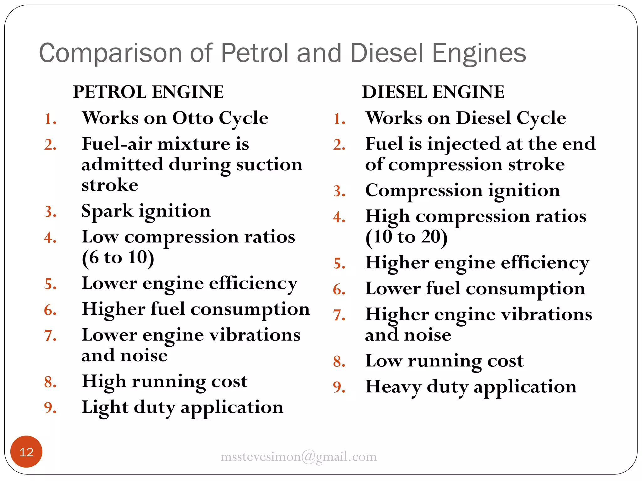 Comparison of Petrol and Diesel Engines
1.
2.

3.
4.

5.
6.
7.
8.
9.
12

PETROL ENGINE
Works on Otto Cycle
Fuel-air mixture is
admitted during suction
stroke
Spark ignition
Low compression ratios
(6 to 10)
Lower engine efficiency
Higher fuel consumption
Lower engine vibrations
and noise
High running cost
Light duty application

1.
2.
3.
4.
5.
6.
7.
8.
9.

DIESEL ENGINE
Works on Diesel Cycle
Fuel is injected at the end
of compression stroke
Compression ignition
High compression ratios
(10 to 20)
Higher engine efficiency
Lower fuel consumption
Higher engine vibrations
and noise
Low running cost
Heavy duty application

msstevesimon@gmail.com

 