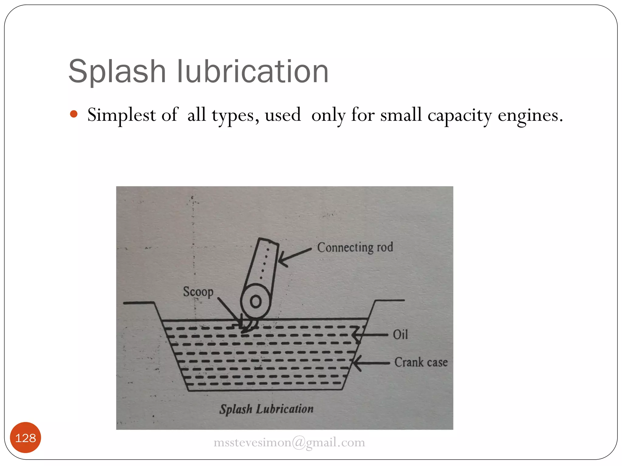 Splash lubrication
 Simplest of all types, used only for small capacity engines.

128

msstevesimon@gmail.com

 