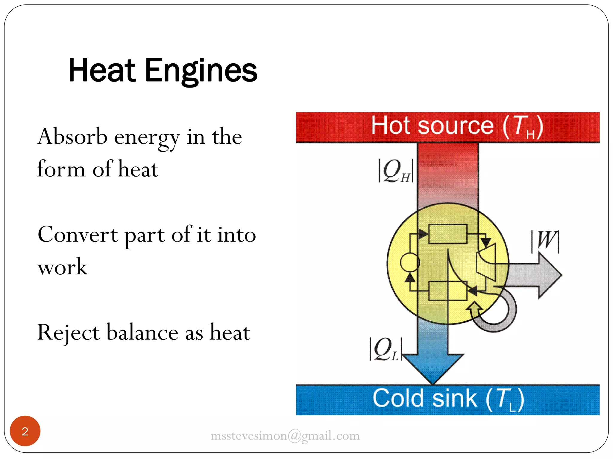 Heat Engines
Absorb energy in the
form of heat
Convert part of it into
work
Reject balance as heat

2

msstevesimon@gmail.com

 